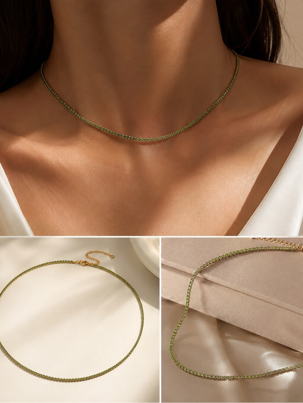 Green Peridot Tennis Choker Necklace 14K Gold Stainless Steel Minimalist Jewelry